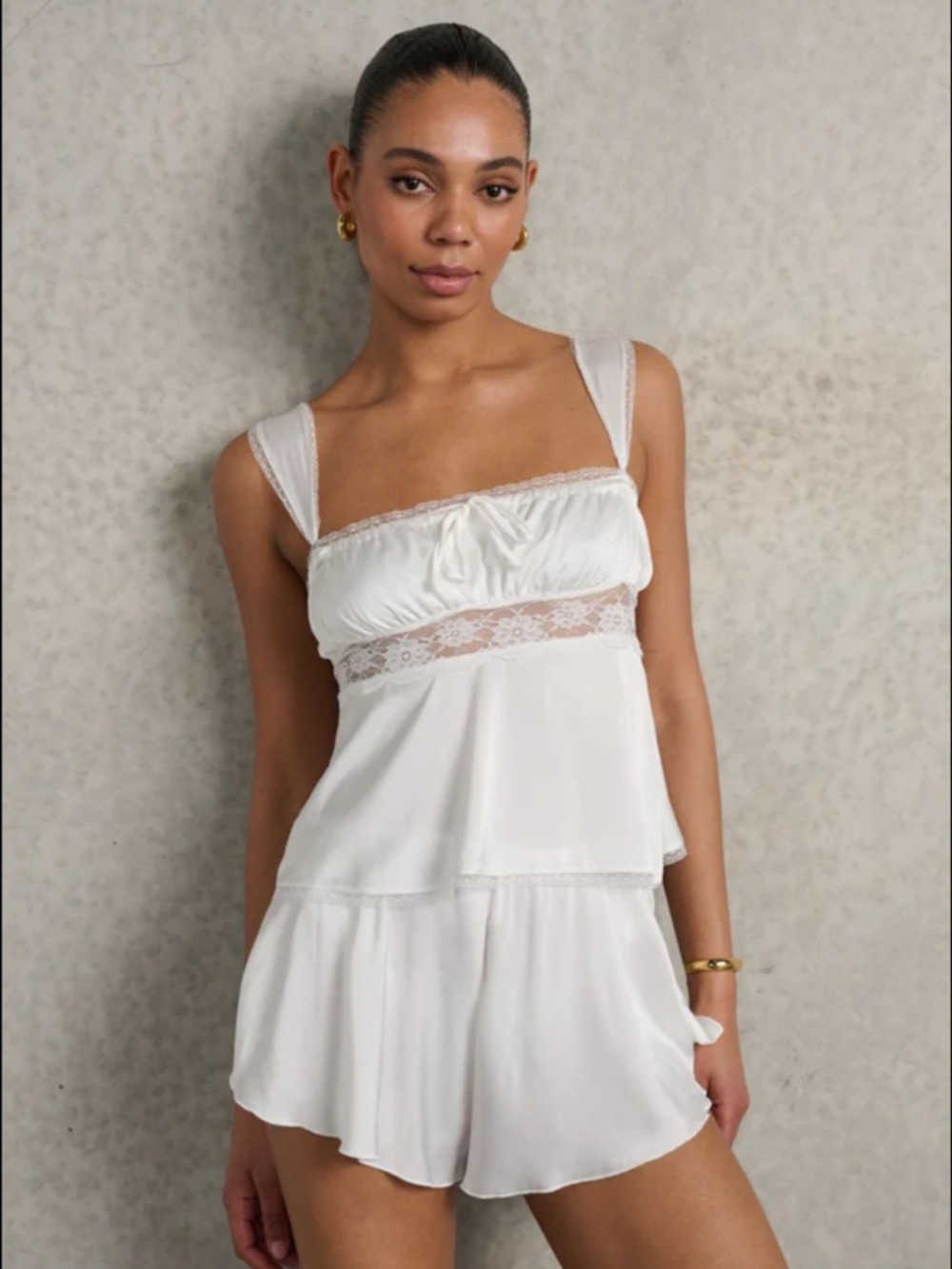 Lace-Trim Camisole & Shorts Sleep Set in Ivory